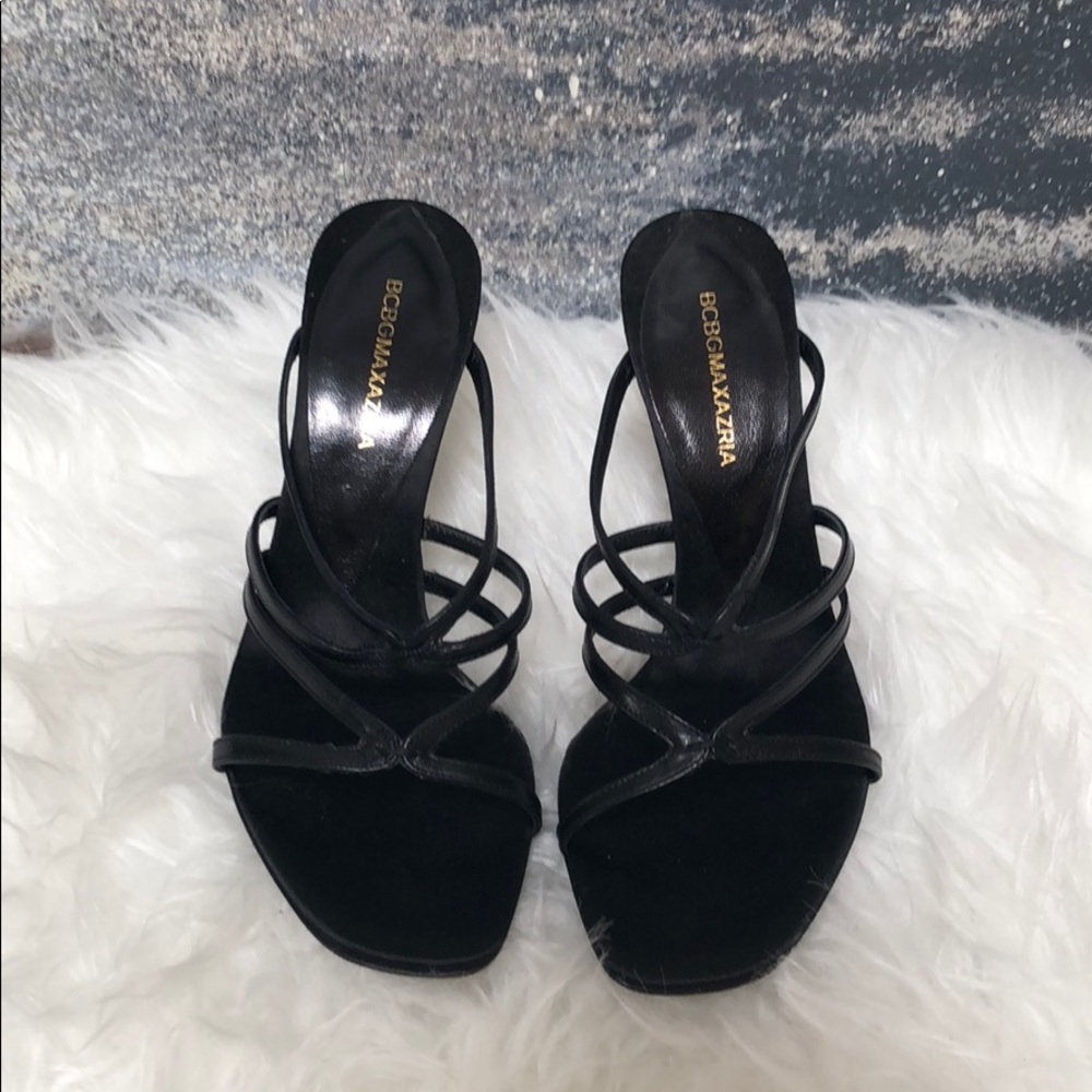 BCBG LARA SATIN AND LEATHER SLIP ON SANDALS